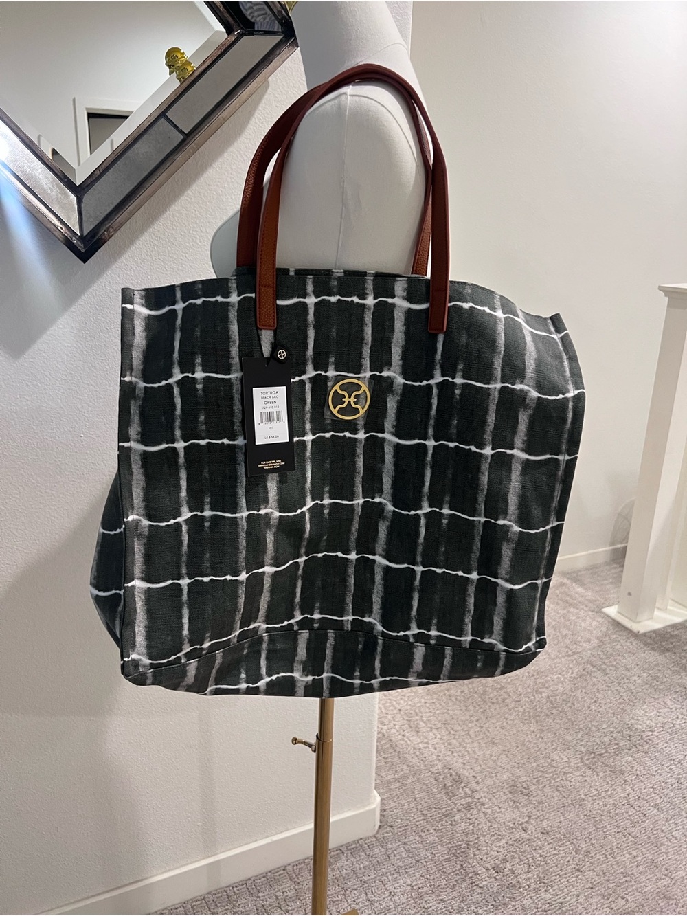 Black Grid Canvas Tote with Brown Leather Handles